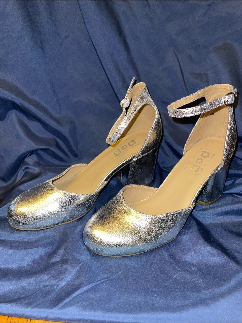 pop Silver Metallic Ankle-Strap Block Heels